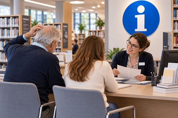 Vater und Tochter am Infoschalter