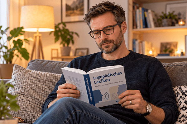 Ein Mann liest im logopädischen Lexikon Ein Mann liest im logopädischen Lexikon